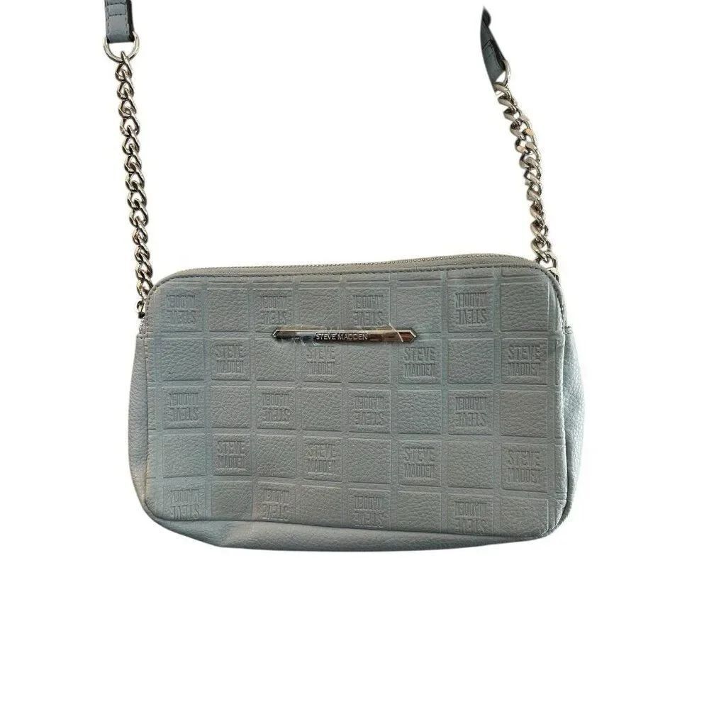Steve Madden Light Blue Embossed Logo Crossbody Bag Silver Chain Link Purse